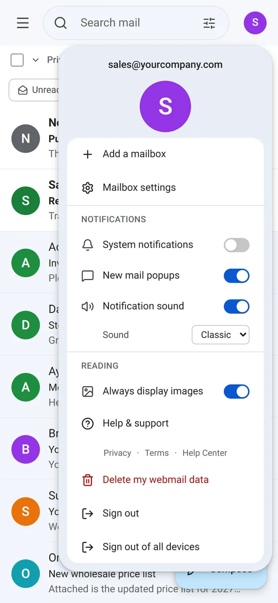 ECOMHUTSY Webmail settings menu on Android showing the open mailbox, Add a mailbox and notification settings