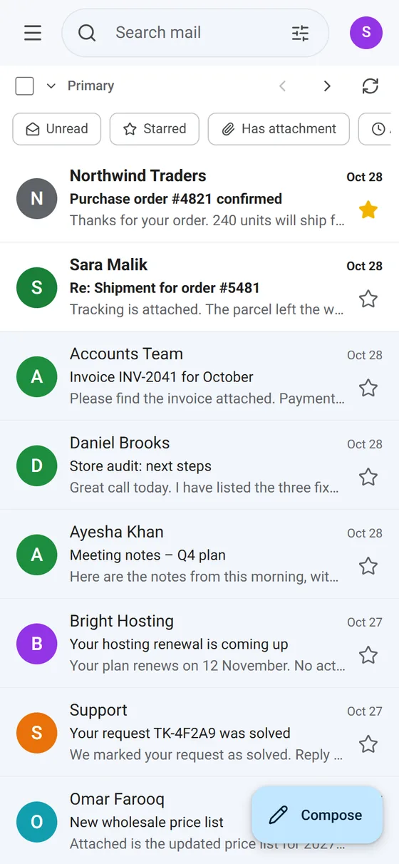 ECOMHUTSY Webmail inbox on an Android phone with Primary, Promotions and Social sections